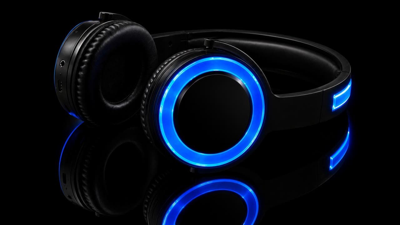 Svart silent disco-headset med LED-ring, klart for logo