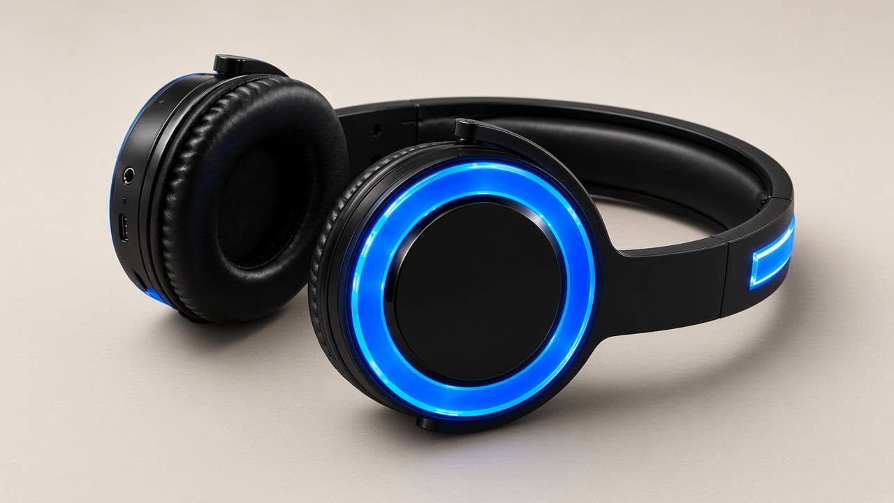 Svart silent disco-headset med blå LED-ring