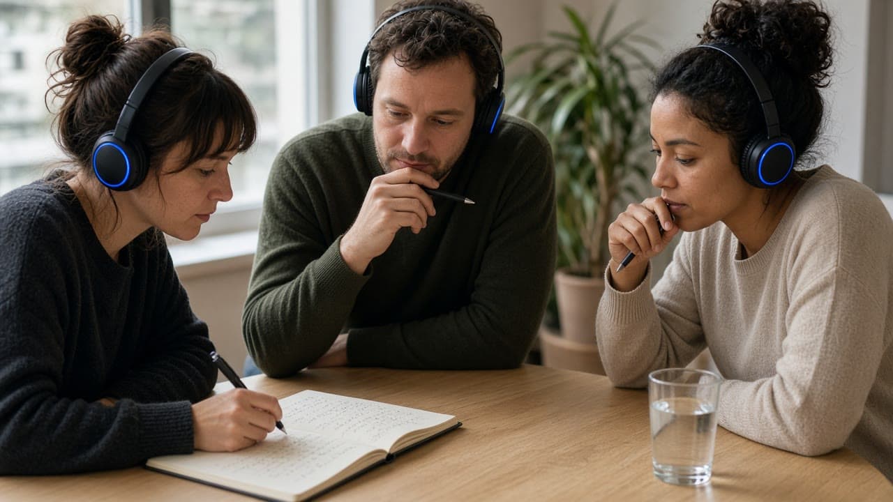 Møte rundt et bord, alle med trådløse headset