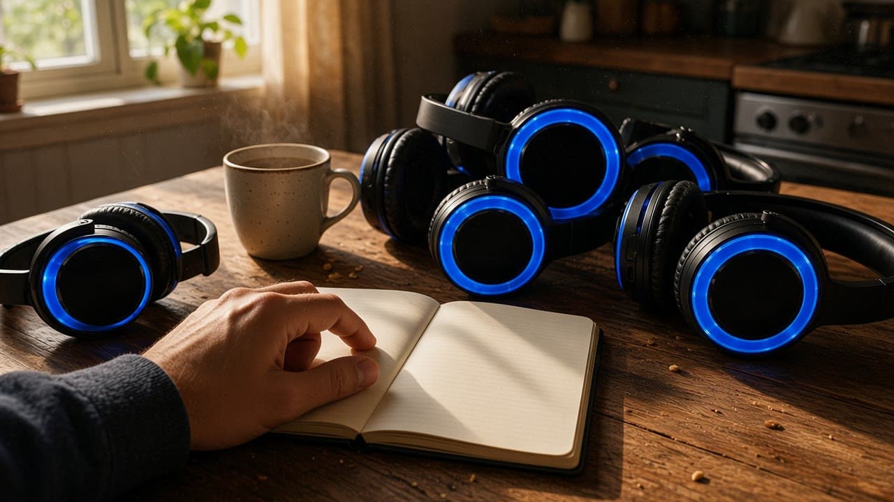Mange like silent disco-headsett lagt ut på et bord