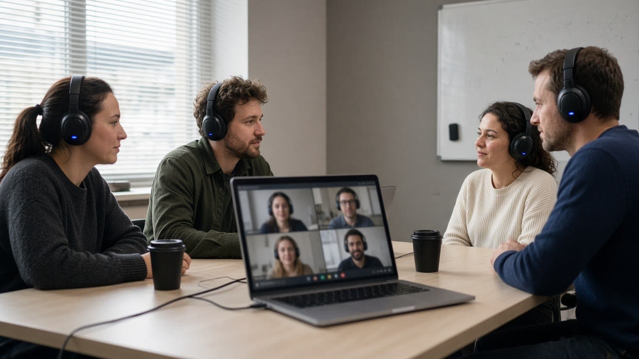 Hybridmøte der deltakerne har headset