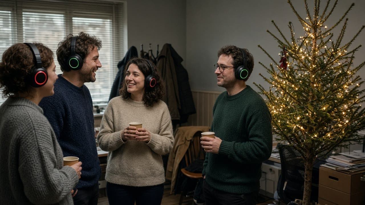 Julefest med juletre og lysende headset