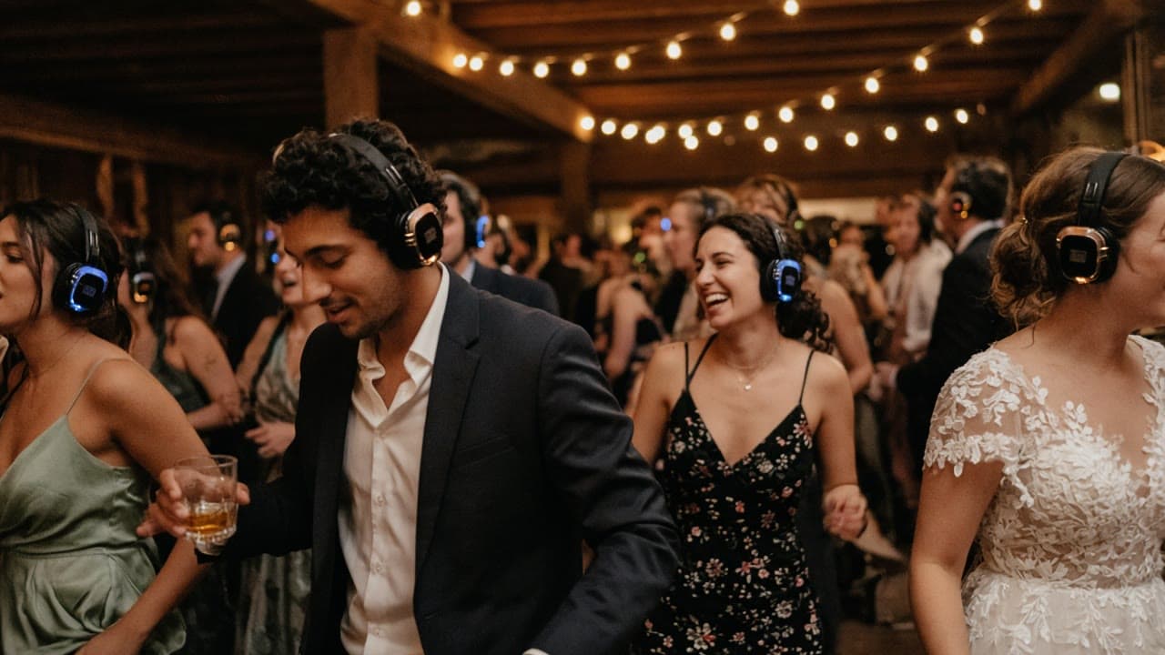 Bryllupsfest der gjestene danser med headset
