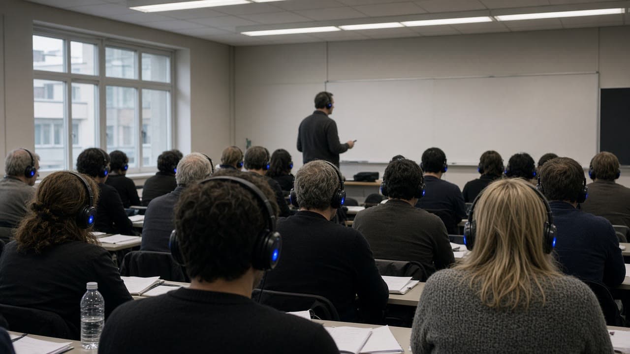 Seminar der salen lytter via headset