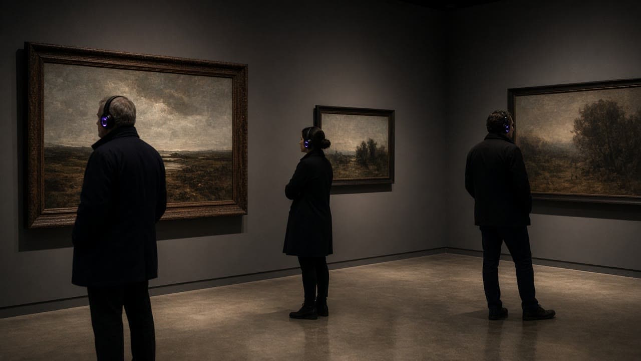 Besøkende med headset foran malerier i et museum