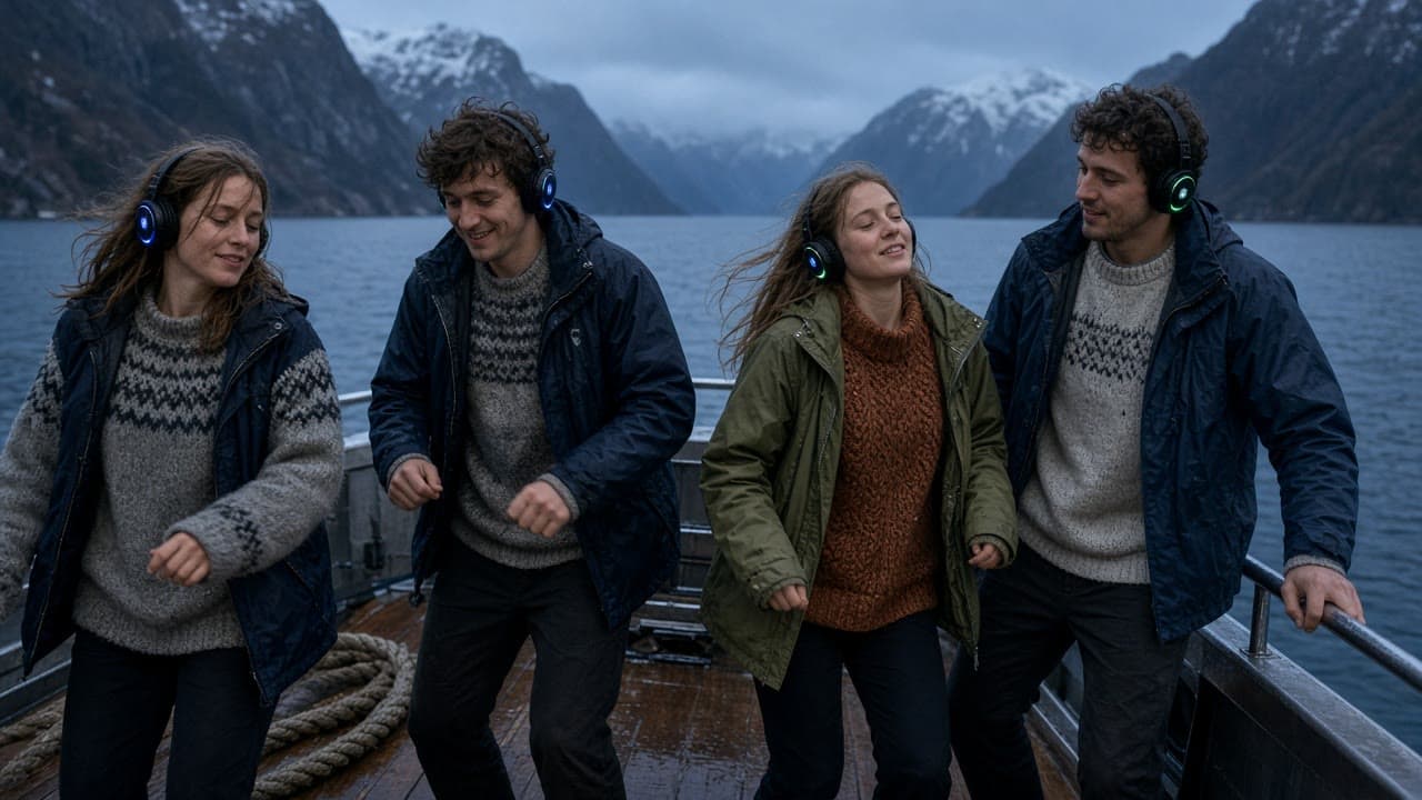 Dans på dekk i en fjord, med lysende headset