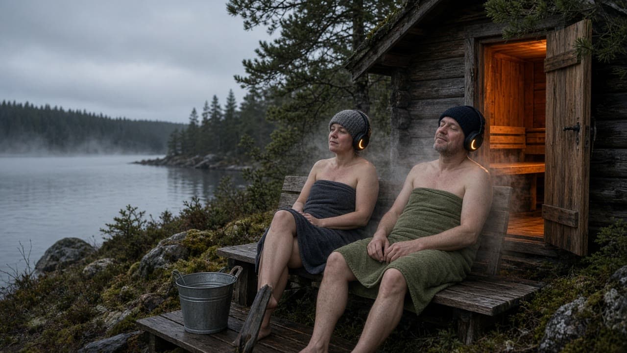 Utendørs badstue ved vannet, med headset