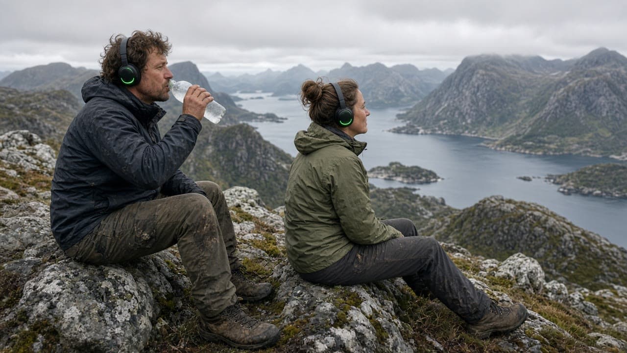 Turgåere med headset på en fjellrygg