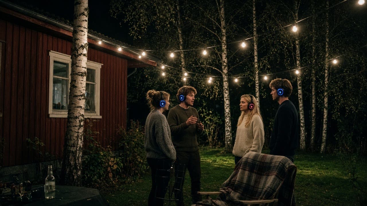 Hagefest om kvelden, gjester med headset