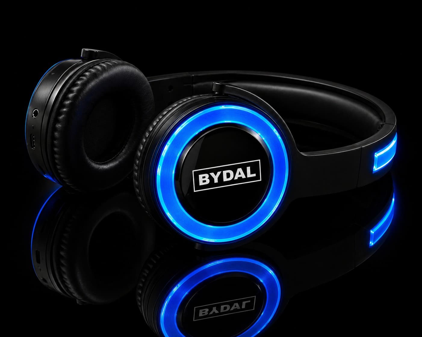 Illustrasjon av BYDAL silent disco-headsett med lysende LED-ring